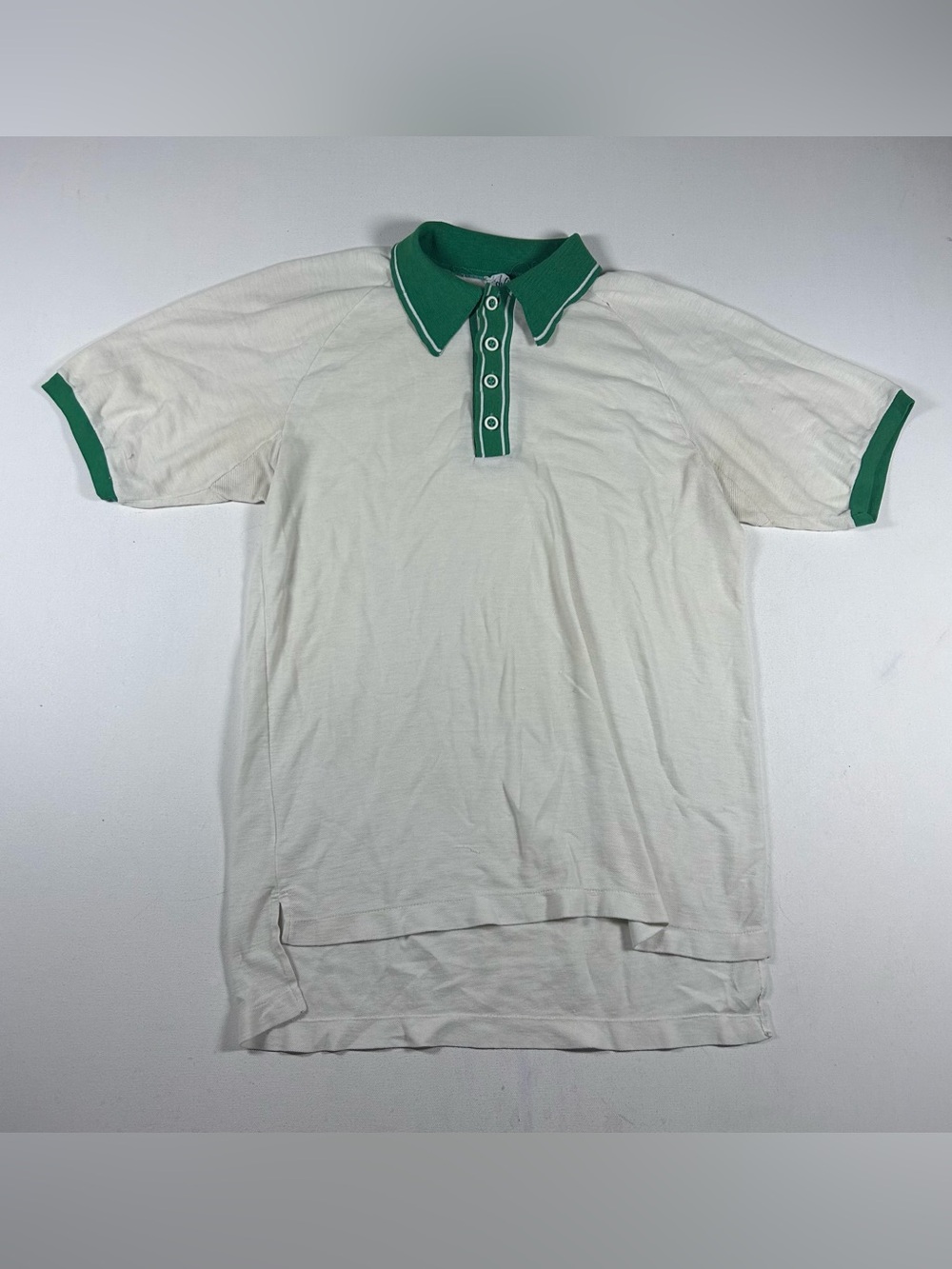 Vintage 60s 70s White & Green Knit Golf Polo Tennis Shirt Mens Medium By Advent